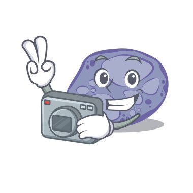 Mavi planctomycetes kamera ile çalışan profesyonel bir fotoğrafçı olarak maskot tasarımı