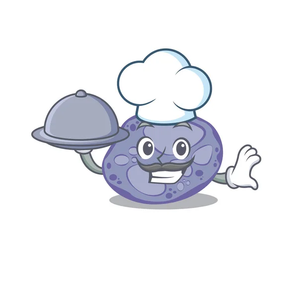 Azul planctomicetos chef personaje de dibujos animados que sirve comida en bandeja — Vector de stock