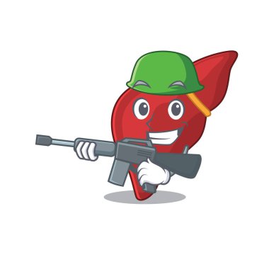 Sağlıklı insan karaciğerinin karikatür resmi. Askeri tarzda, makineli tüfekle.