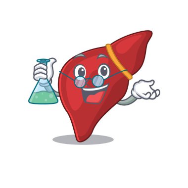 Sağlıklı insan karaciğeri zeki Profesör Çizgi film tasarımı tarzı cam tüple çalışıyor