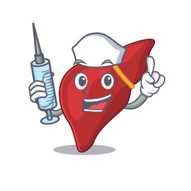 Şırıngalı sağlıklı insan karaciğer maskotu tasarımı konsepti.