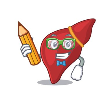 Zeki, sağlıklı, karaciğer karaciğeri olan, kalem ve gözlüklü bir öğrenci.