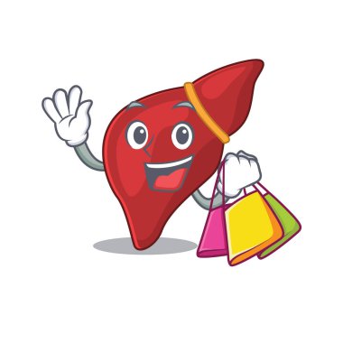 Zengin ve ünlü sağlıklı insan karaciğer çizgi film karakteri alışveriş torbaları tutuyor.