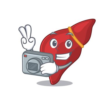 Profesyonel bir fotoğrafçı olarak kamerayla çalışan sağlıklı bir karaciğer maskotu tasarımı.