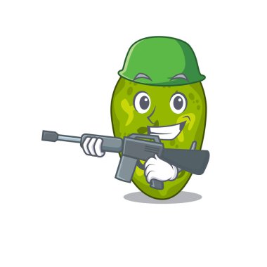 Askeri tarzda siyanobakteri ve makineli tüfekli bir karikatür.