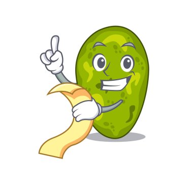 Elinde menüsü olan siyanobakteri maskotu karakter tasarımı