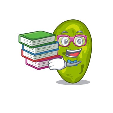 Siyanobakteri alanında çalışkan bir öğrenci kitaplarla maskot tasarımı konsepti