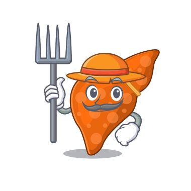 İnsan karaciğerinin çizgi film karakteri tasarımı şapkası ve yabası olan bir çiftçi.