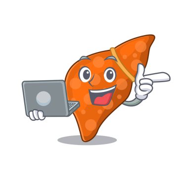 Karikatür karakteri karaciğer hastası zeki bir öğrenci dizüstü bilgisayarla çalışıyor.