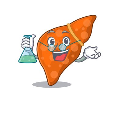 İnsan karaciğeri zeki Profesör Çizgi film tasarımı tarzı cam tüple çalışıyor