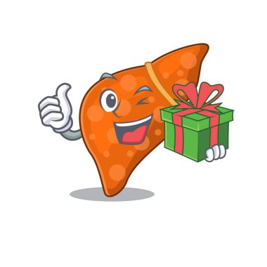 Gülümseyen karaciğer karaciğer çizgi film karakteri yeşil bir hediye kutusu var.