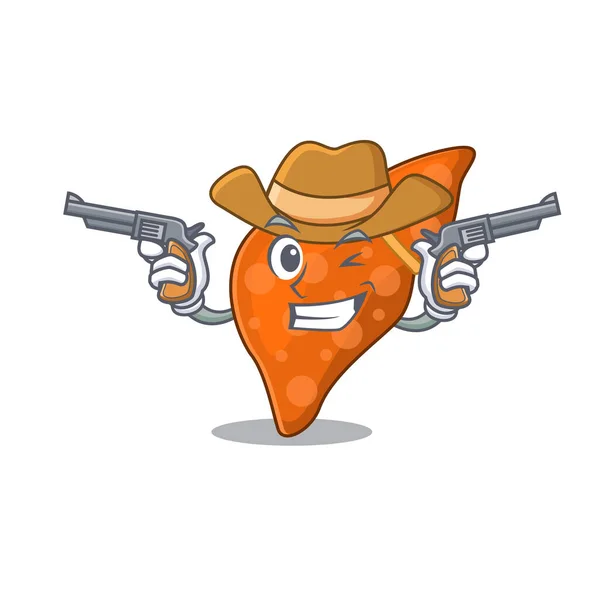 Cute handsome cowboy of human hepatic liver cartoon character with guns — Stock Vector