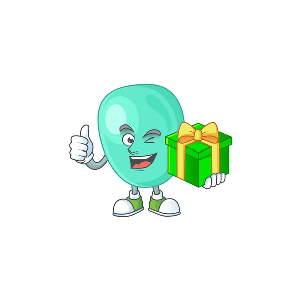 Smiley staphylococcus aureus personaje de dibujos animados con una caja de regalo — Vector de stock