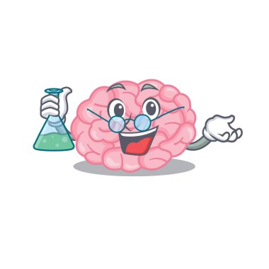 İnsan beyni akıllı Profesör Çizgi film tasarımı stili cam tüple çalışıyor