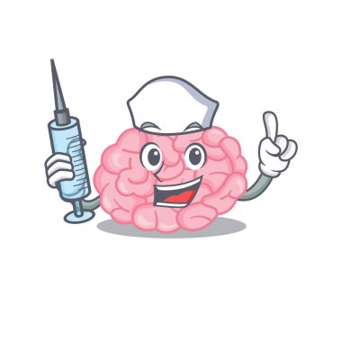 Şırıngayla insan beyni maskotu tasarımı yapan hoş bir hemşire.