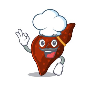 İnsan sirozu, karaciğer şefi çizgi film tasarımı. Beyaz şapka takıyor.