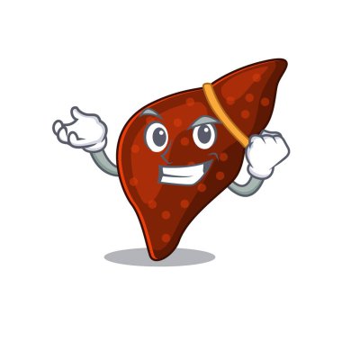 Göz kamaştırıcı bir insan sirozu karaciğer maskotu tasarımı ve mutlu bir yüzü var.