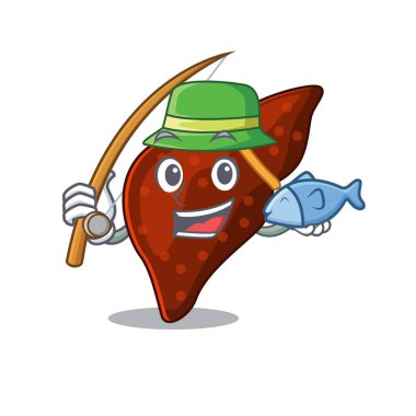 Balık tutarken insan sirozu karaciğerinin çizgi film tasarımı konsepti