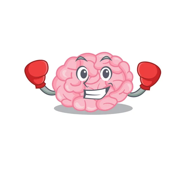 Une mascotte sportive d'athlète de boxe design du cerveau humain avec des gants de boxe rouge — Image vectorielle