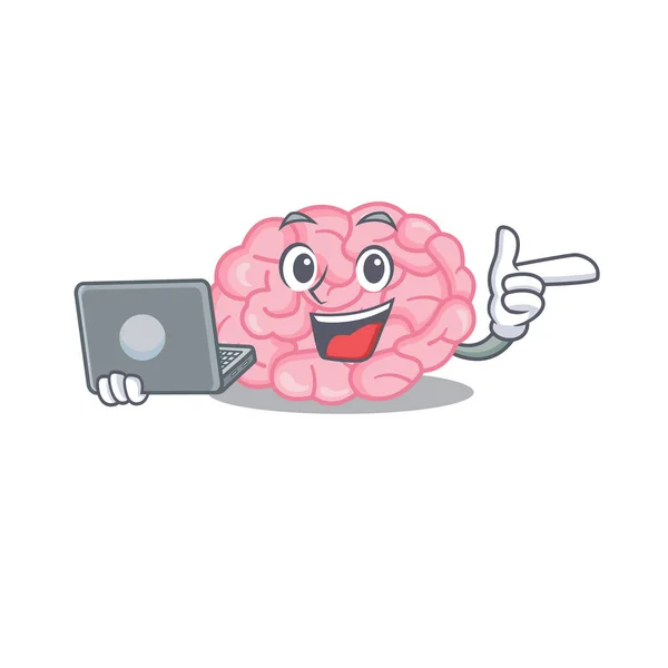 Personaje de dibujos animados del cerebro humano inteligente estudiante que estudia con una computadora portátil — Vector de stock