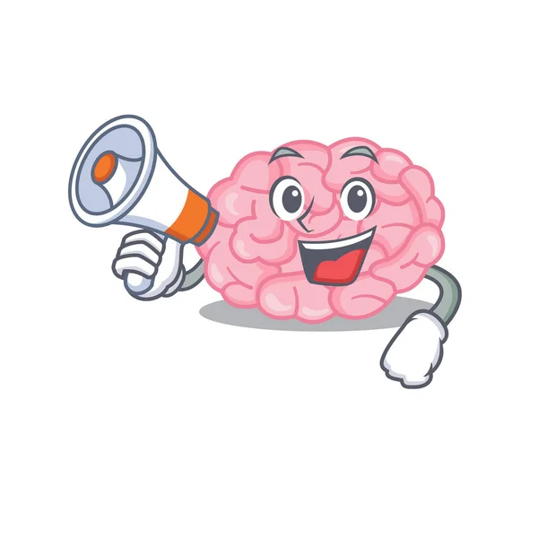 Caractère de dessin animé du cerveau humain ayant un mégaphone — Image vectorielle