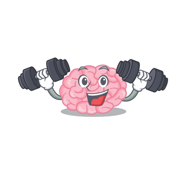 Diseño de la mascota de ejercicio Fitness sonriente cerebro humano levantar las barras — Vector de stock