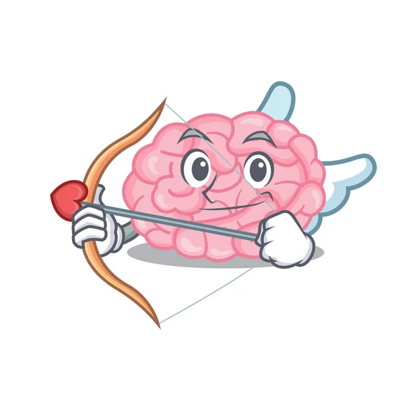 Cerebro humano en personaje de dibujos animados Cupido con flecha y alas — Vector de stock