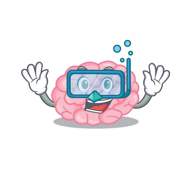 Conceito de design mascote cérebro humano vestindo óculos de mergulho —  Vetores de Stock