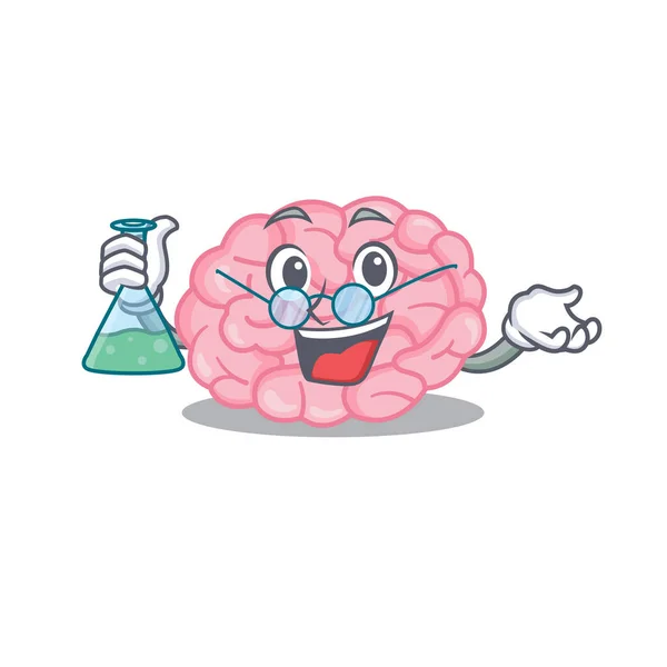 Cerveau humain intelligent Professeur Cartoon style de conception de travail avec tube en verre — Image vectorielle