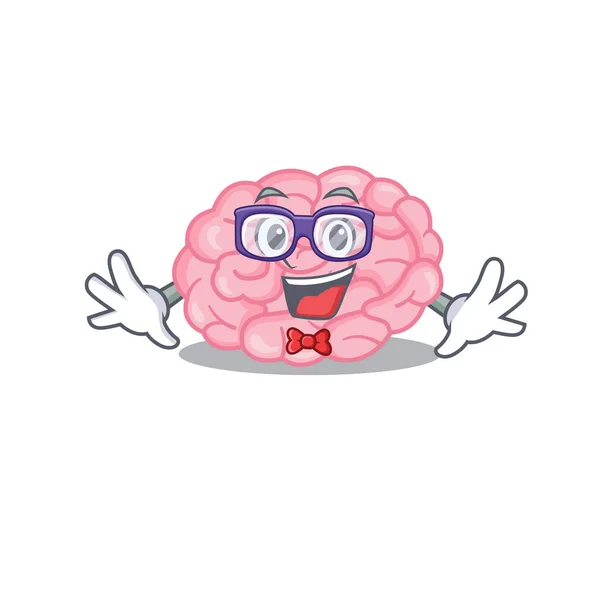 Estilo de diseño de la mascota del cerebro humano friki con gafas — Vector de stock