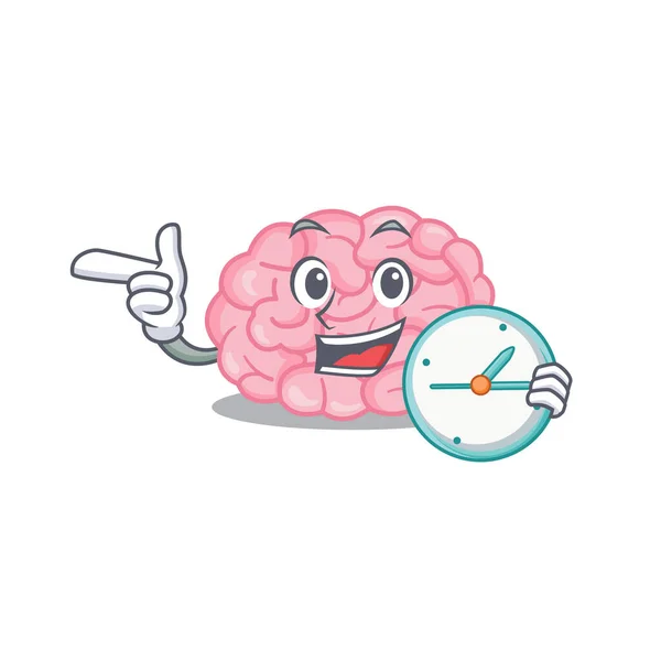 Concepto de diseño de la mascota del cerebro humano sonriendo con el reloj — Vector de stock