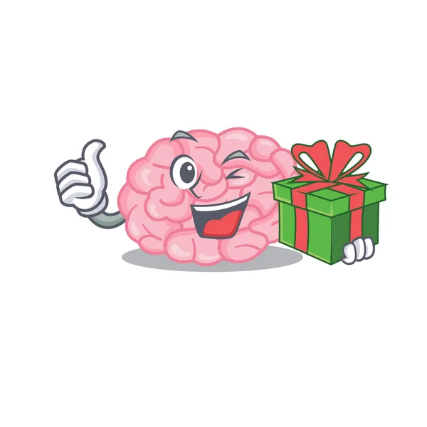 Sonriente personaje de dibujos animados cerebro humano que tiene una caja de regalo verde — Vector de stock