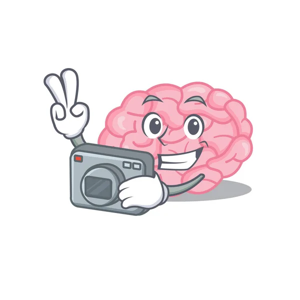 Diseño de la mascota del cerebro humano como fotógrafo profesional que trabaja con la cámara — Vector de stock