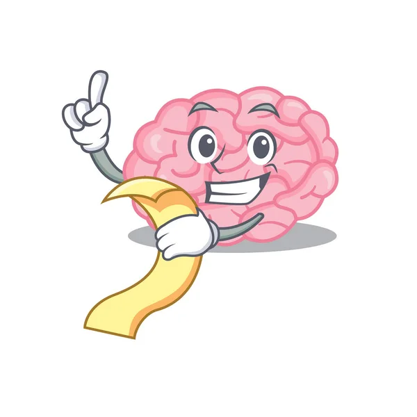 Conception de personnage de mascotte de cerveau humain avec un menu sur sa main — Image vectorielle