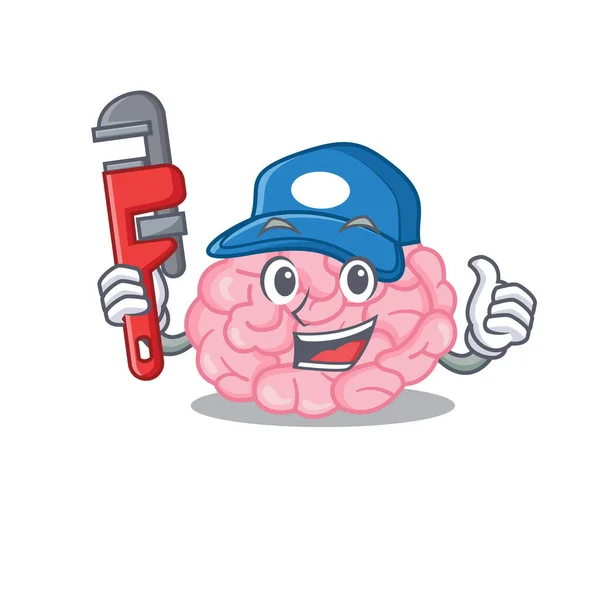 Cerveau humain Smart Plombier dessin animé personnage design avec outil — Image vectorielle