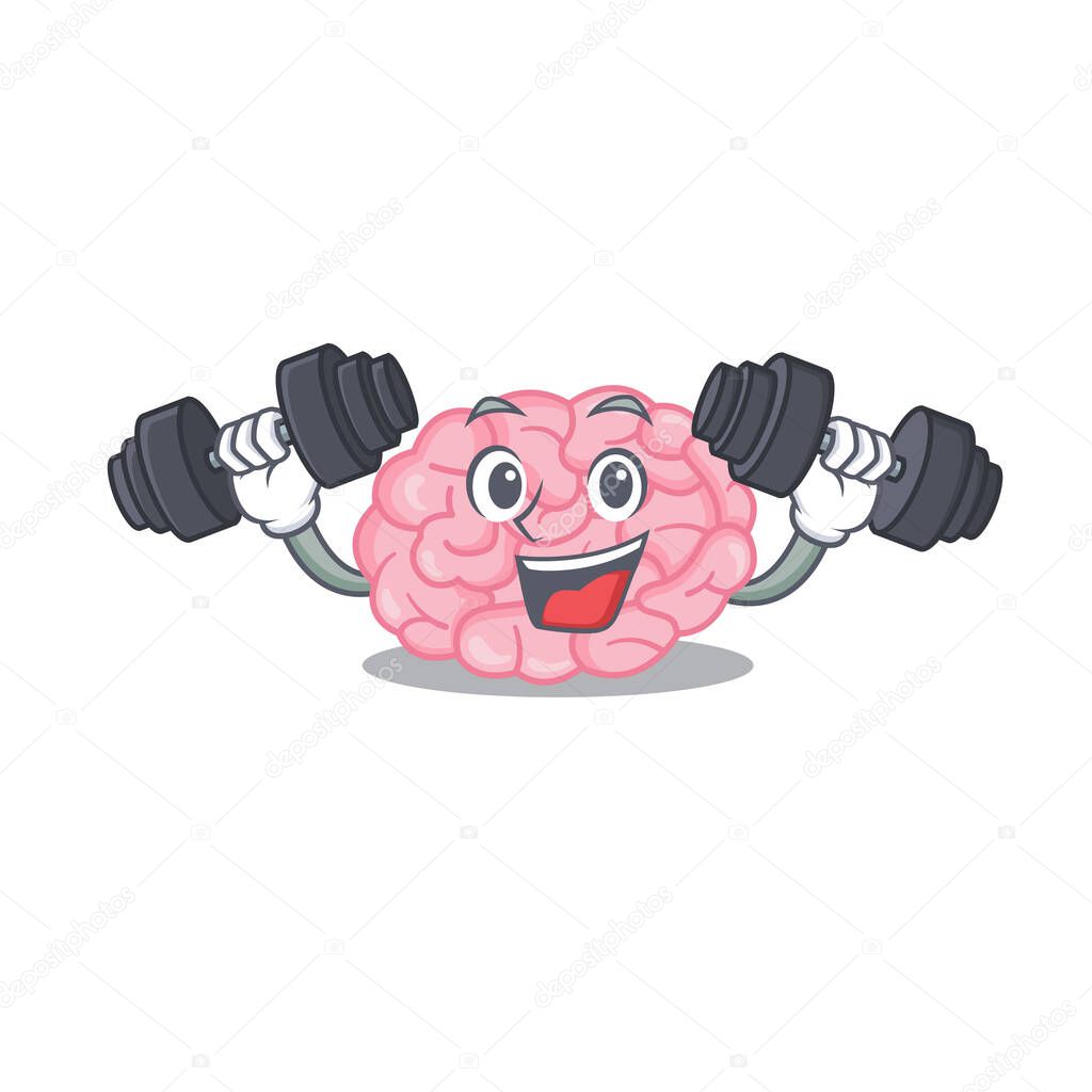 Mascot design of smiling Fitness exercise human brain lift up barbells