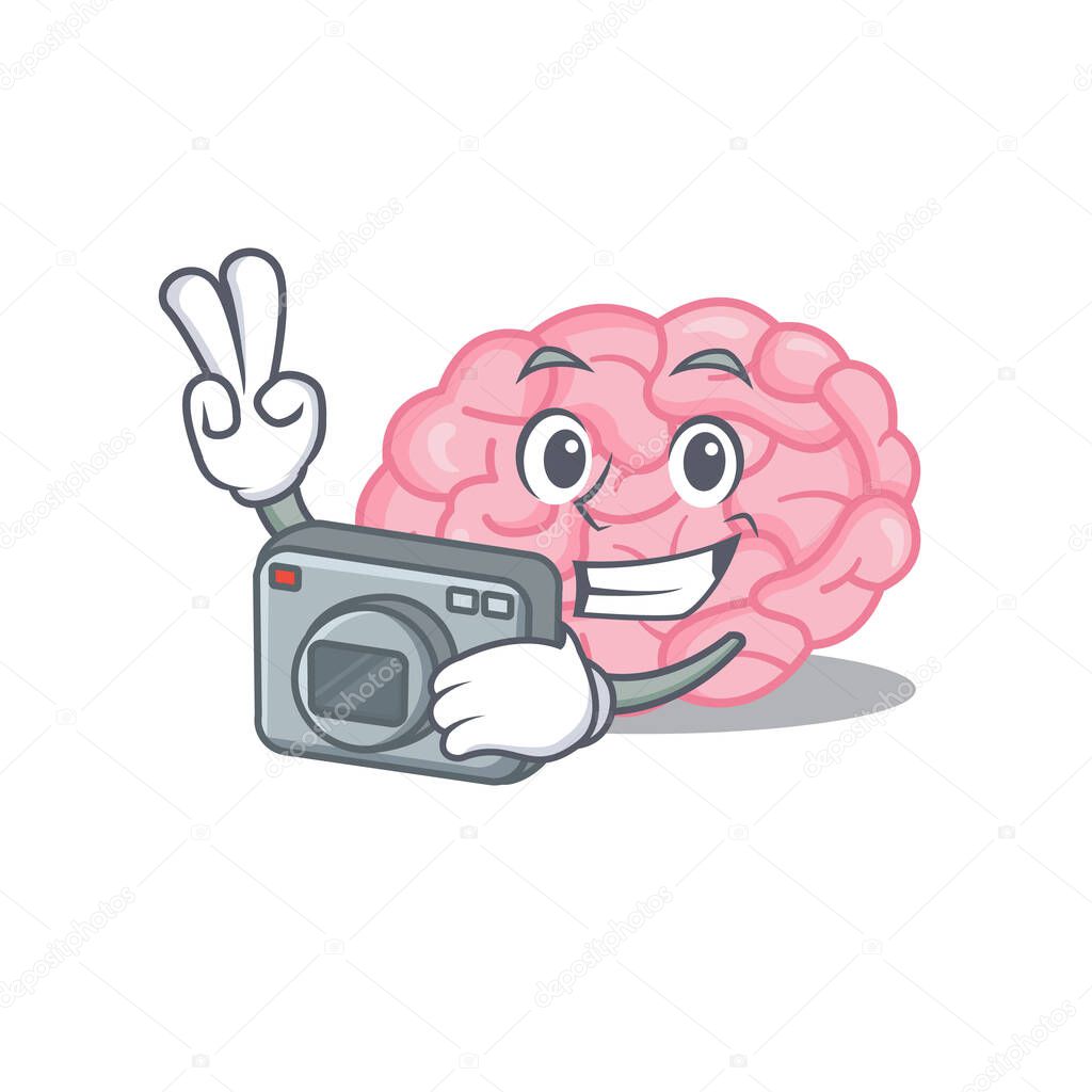 Human brain mascot design as a professional photographer working with camera