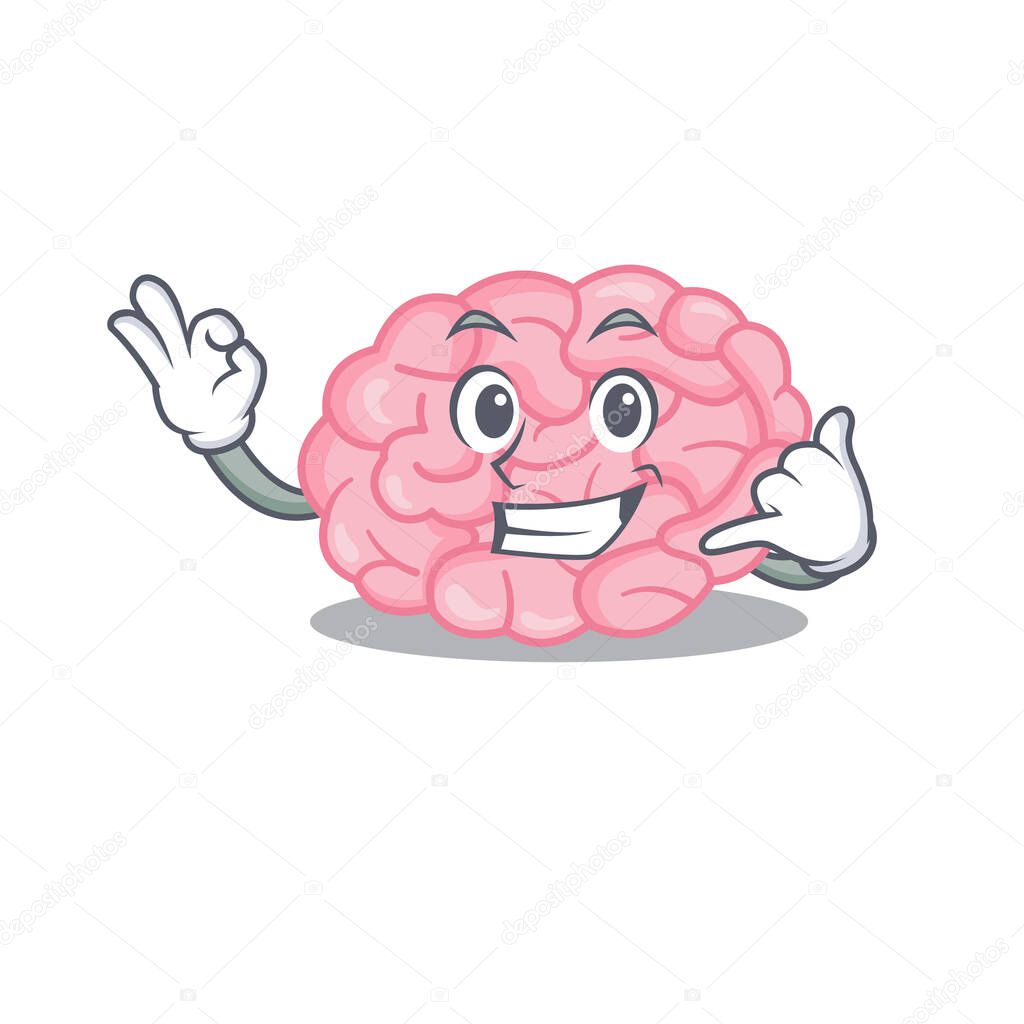 Cartoon design of human brain with call me funny gesture