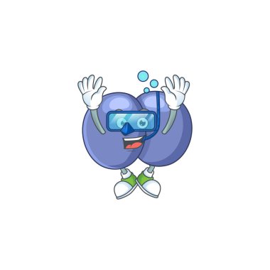 Dalış gözlüğü takan streptokok pnömoni maskotu tasarımı. Vektör illüstrasyonu