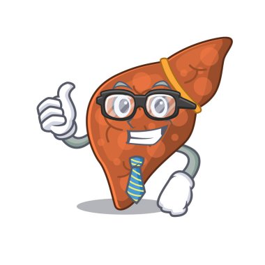 Zarif bir insan fibrozu karaciğer iş adamı maskot tasarımı gözlük ve kravat takıyor.