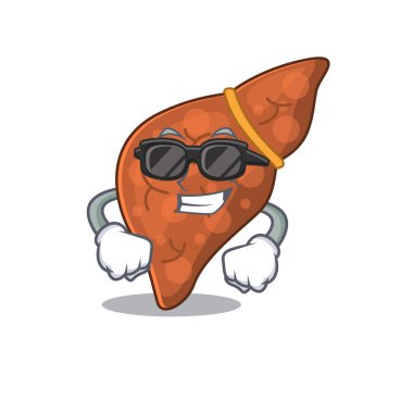 Havalı insan fibrozu karaciğer çizgi film karakteri pahalı siyah gözlük takıyor.