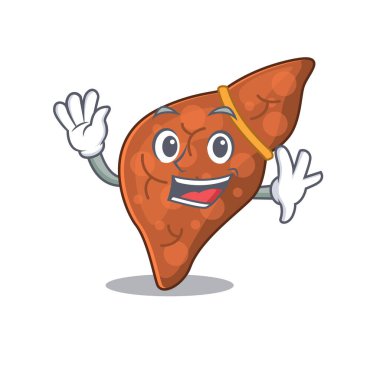 Karizmatik bir insan fibrozu karaciğer maskotu tasarımı gülümseme ve el sallama