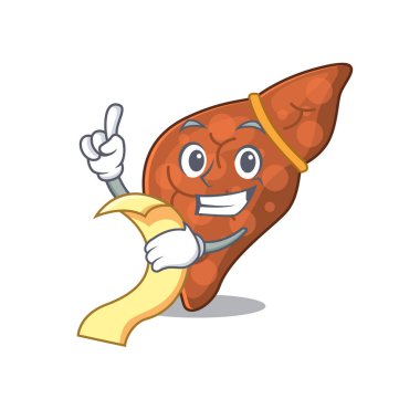 Elinde menü olan insan fibrozu karaciğer maskotu tasarımı.