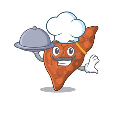 İnsan fibrozu karaciğer şefi çizgi film karakteri tepside yemek servisi yapıyor.