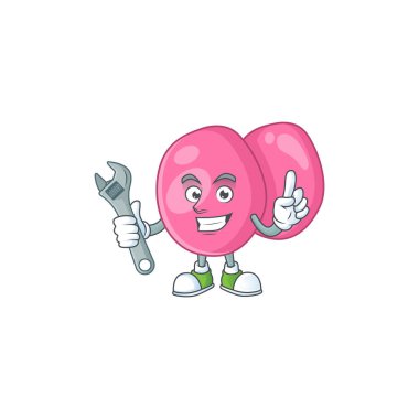 Bir mekanik streptokok pyogenes maskot karakteri bozuk bir makineyi tamir eder. Vektör illüstrasyonu