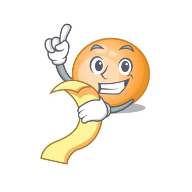 Staphylocuccus aureus maskot tasarımı. Elinde menü var.