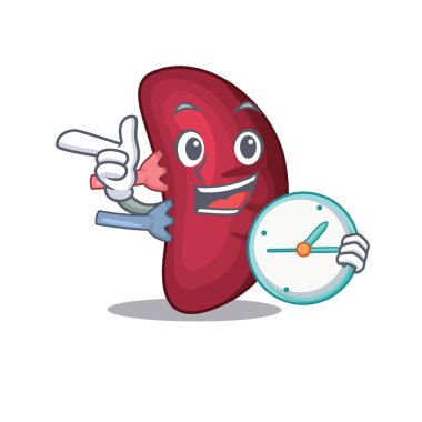 İnsan dalağı maskotu tasarımı saat ile gülümsüyor.