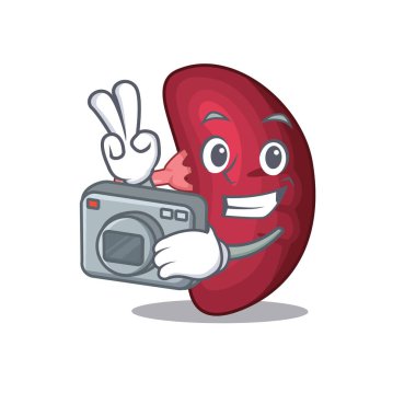 Kamera ile çalışan profesyonel bir fotoğrafçı olarak insan dalağı maskotu tasarımı.