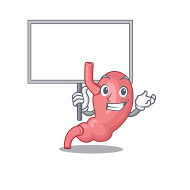 Bir insan stomatch maskot tasarımı simgesi bir tahta getirin