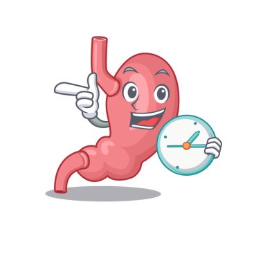 İnsan stomatch maskot tasarımı konsepti saat ile gülümsüyor